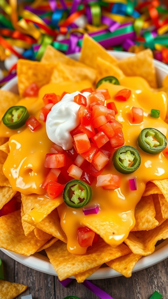 Classic 80 A plate of nacho cheese chips topped with cheese sauce, jalapeños, and sour cream, perfect for a party.